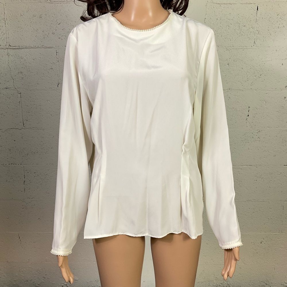 You Nique Ivory faux Pearls Satin Long Sleeve Button Back Shirt M